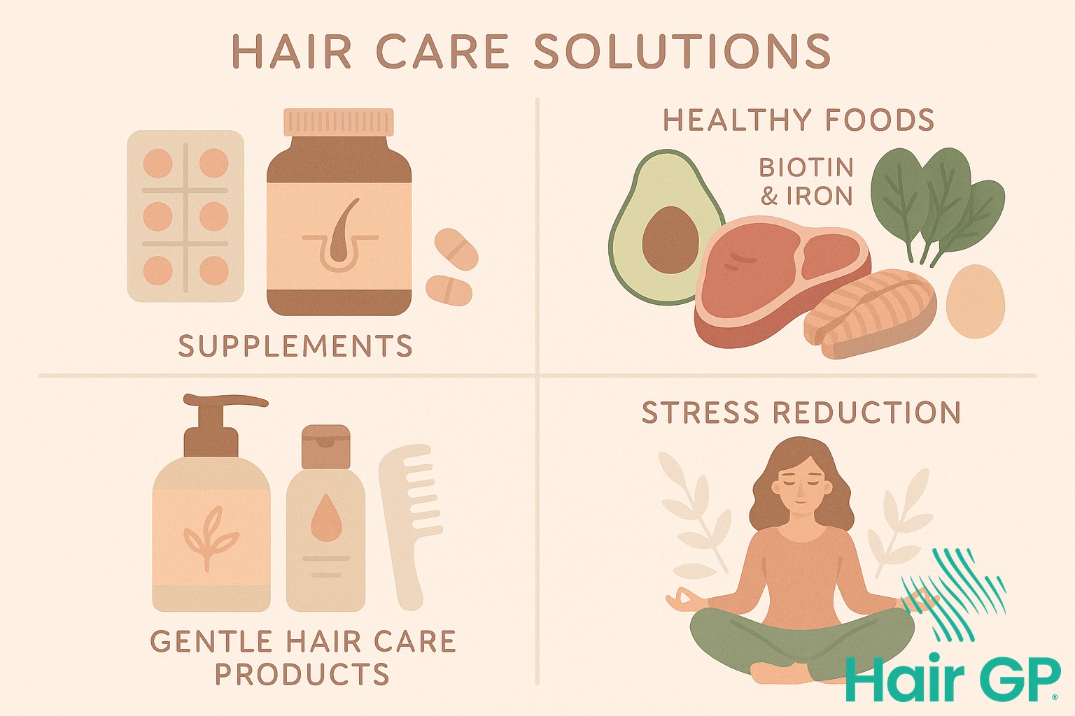 Illustration of hair health solutions including supplements and nutrition