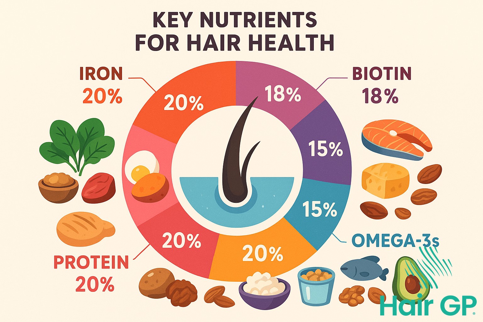 Infographic showing essential nutrients and foods for healthy hair growth