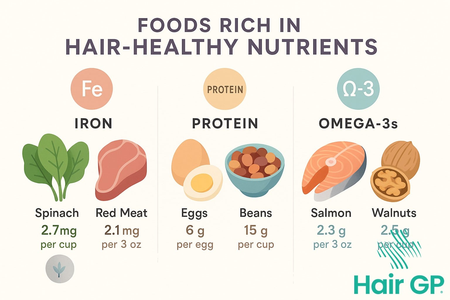 Infographic showing nutrient-rich foods for hair health during breastfeeding