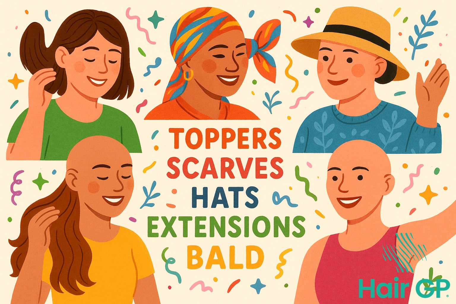 Illustration of various hair loss solutions and alternatives
