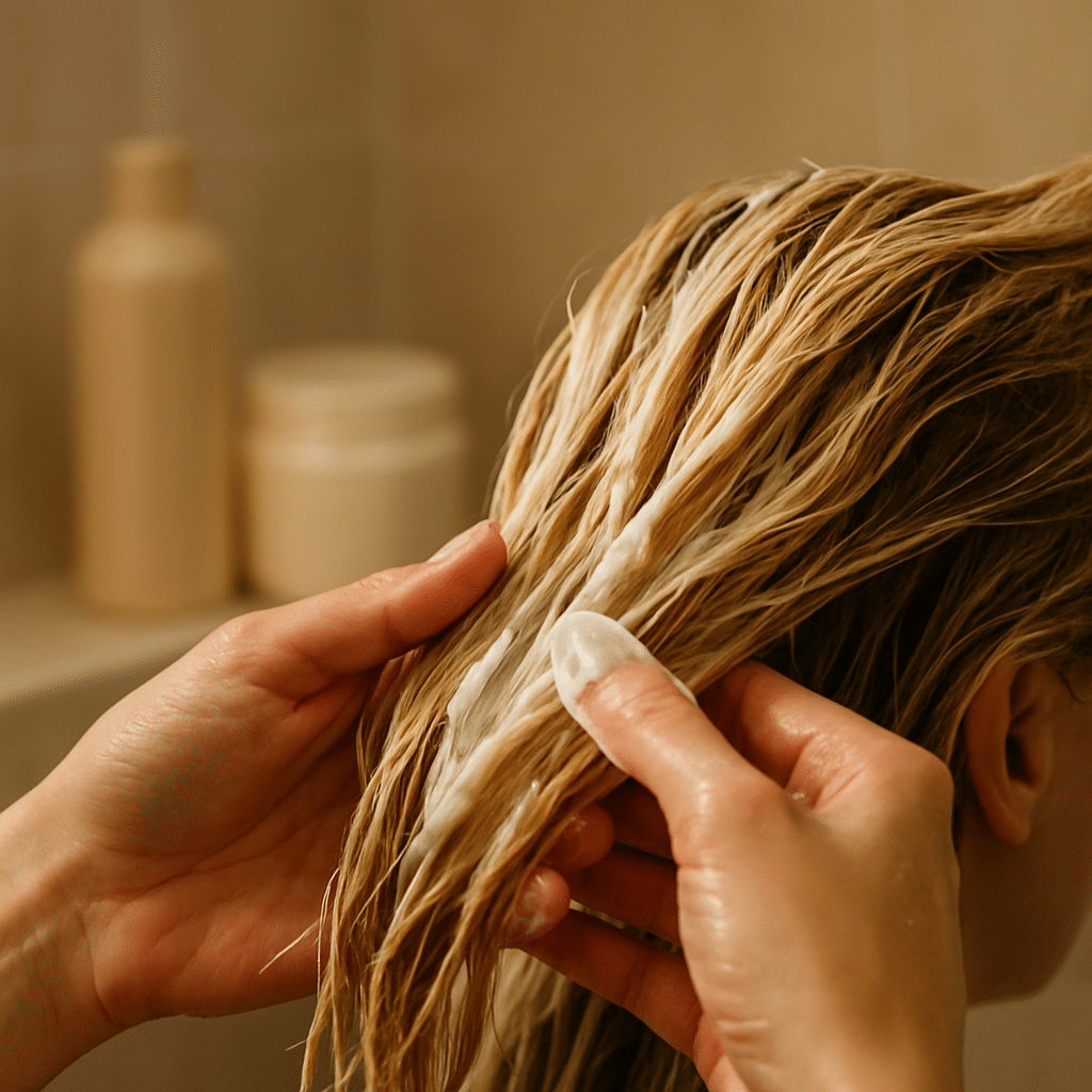 Applying deep conditioning hair mask treatment to repair sun-damaged blonde hair