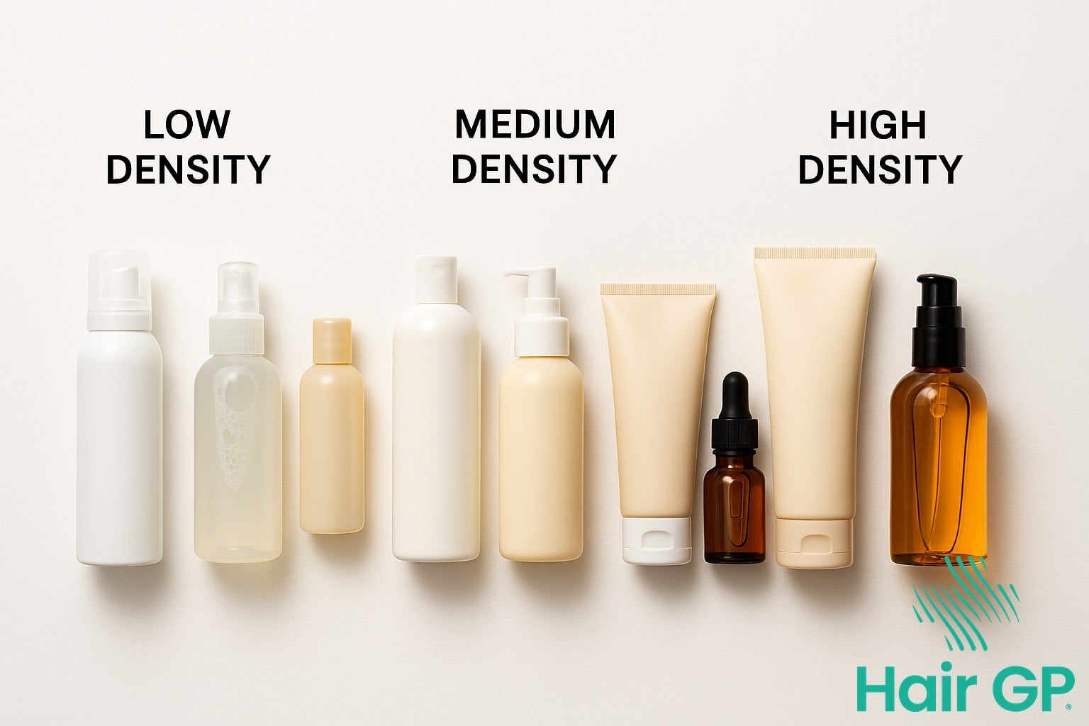 Hair care products organized by hair density type requirements