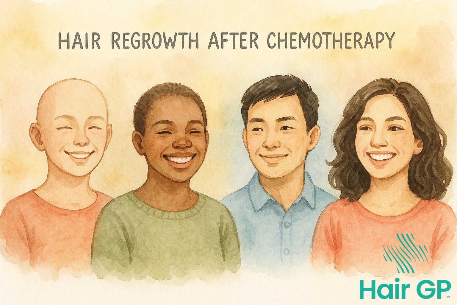 Illustration of hair regrowth stages after chemotherapy treatment showing progression