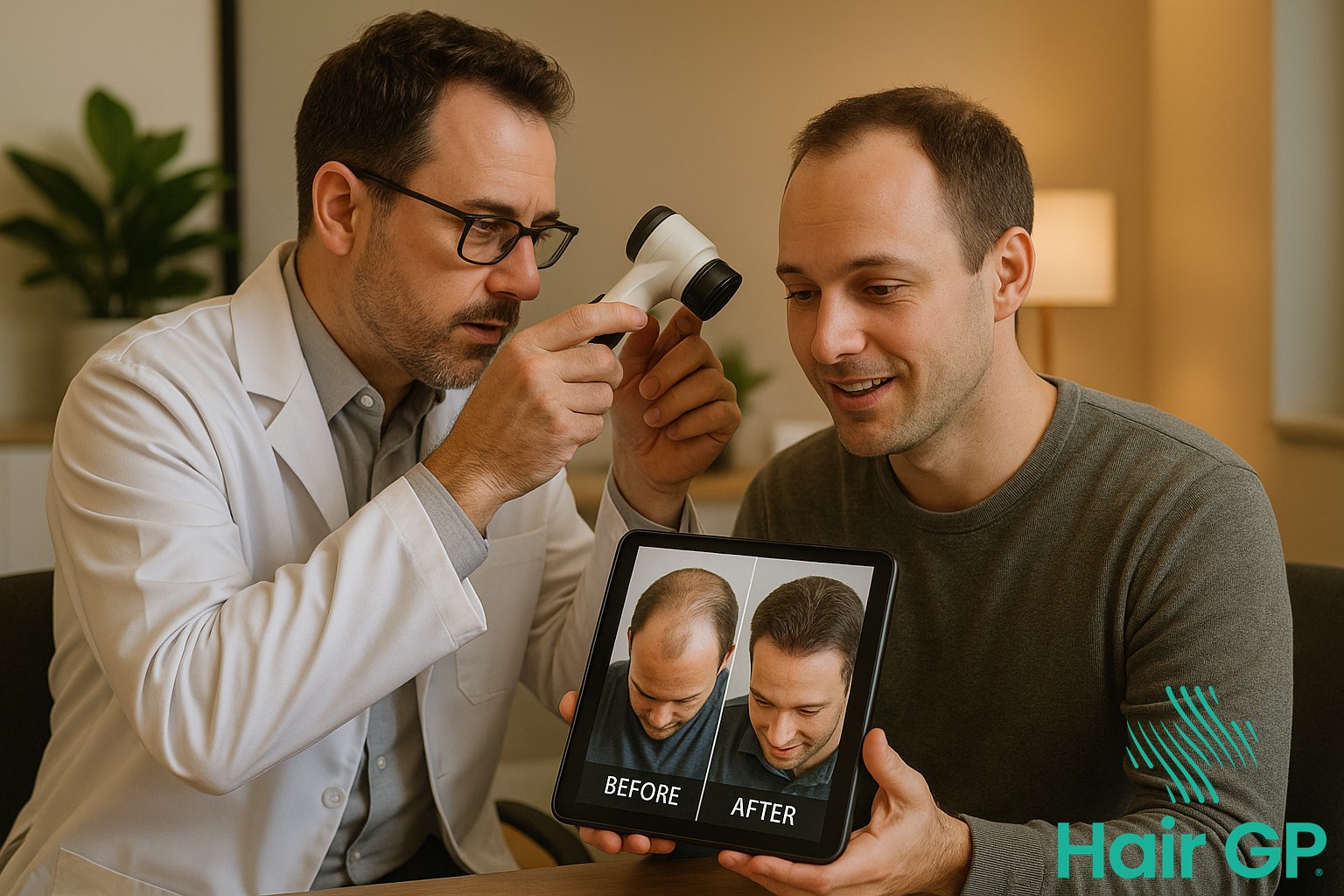 Hair restoration specialist consulting with patient about stem cell and PRP treatment options