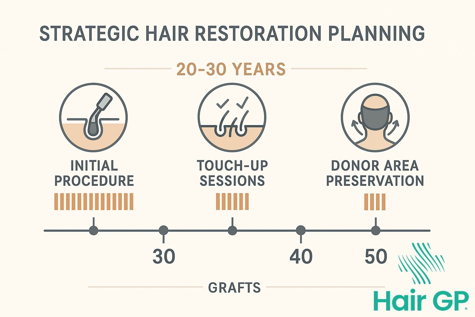 Infographic showing long-term hair transplant planning strategy over decades