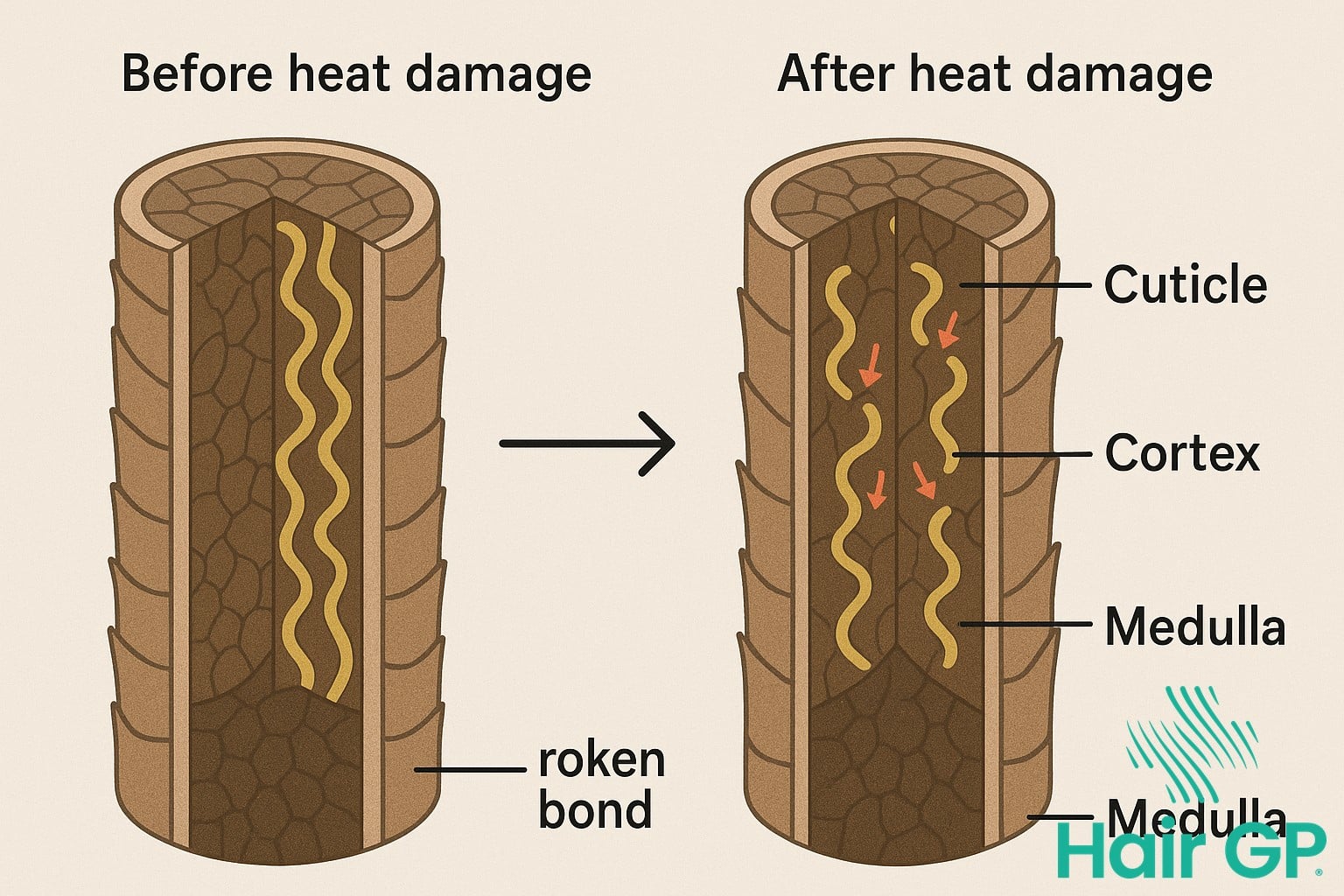 Diagram showing hair shaft structure and how heat damages protein bonds