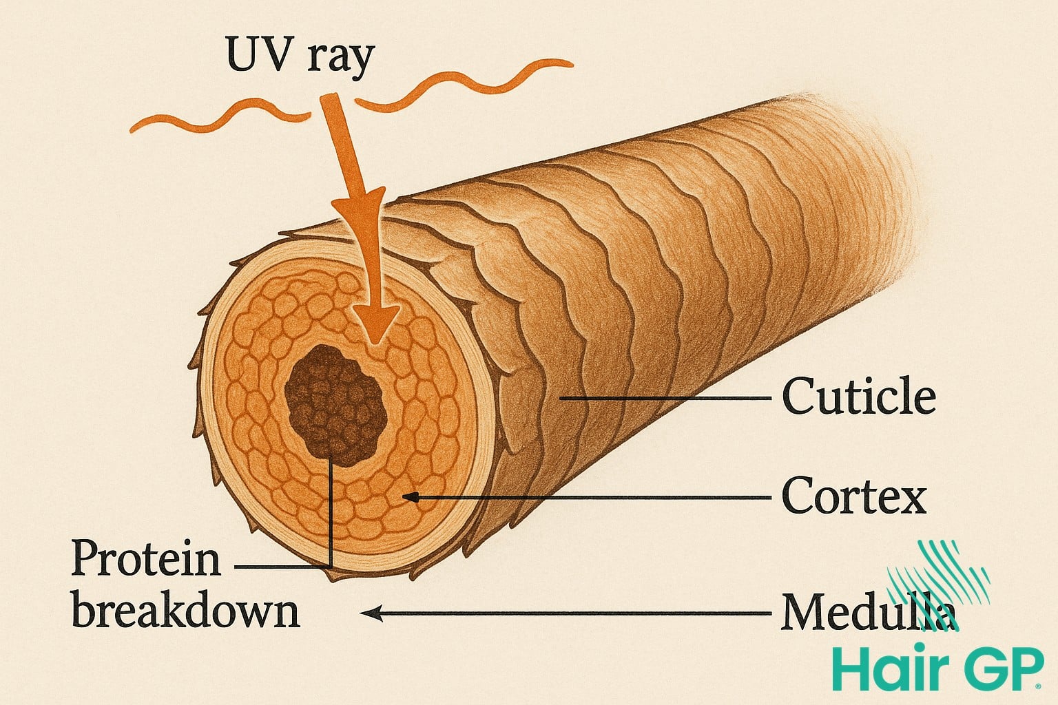 Diagram showing UV rays penetrating hair structure and causing molecular damage
