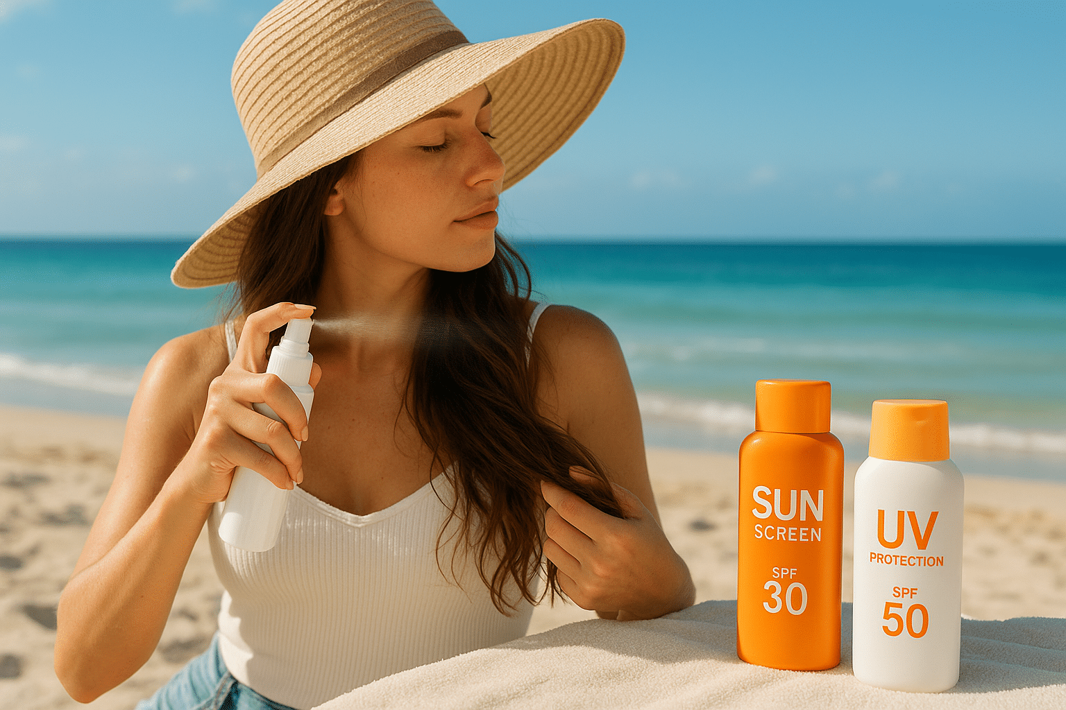Woman applying hair sunscreen at beach with sun protection products and wide-brimmed hat