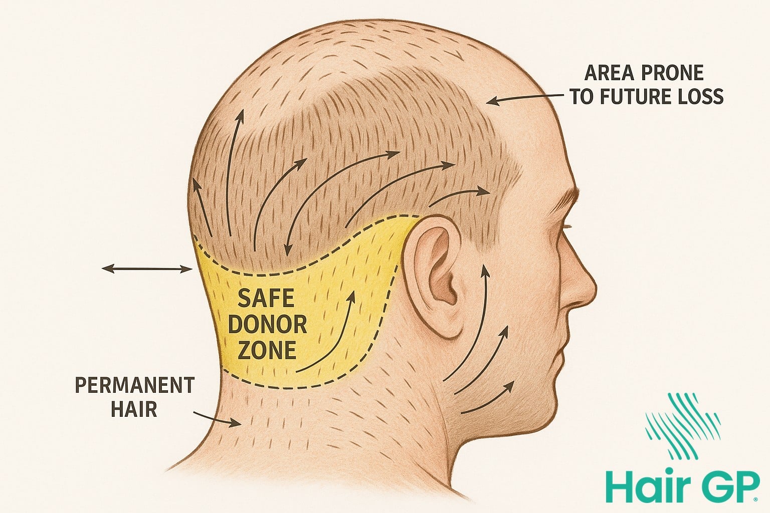 Diagram of hair transplant safe donor zone on scalp showing permanent hair areas