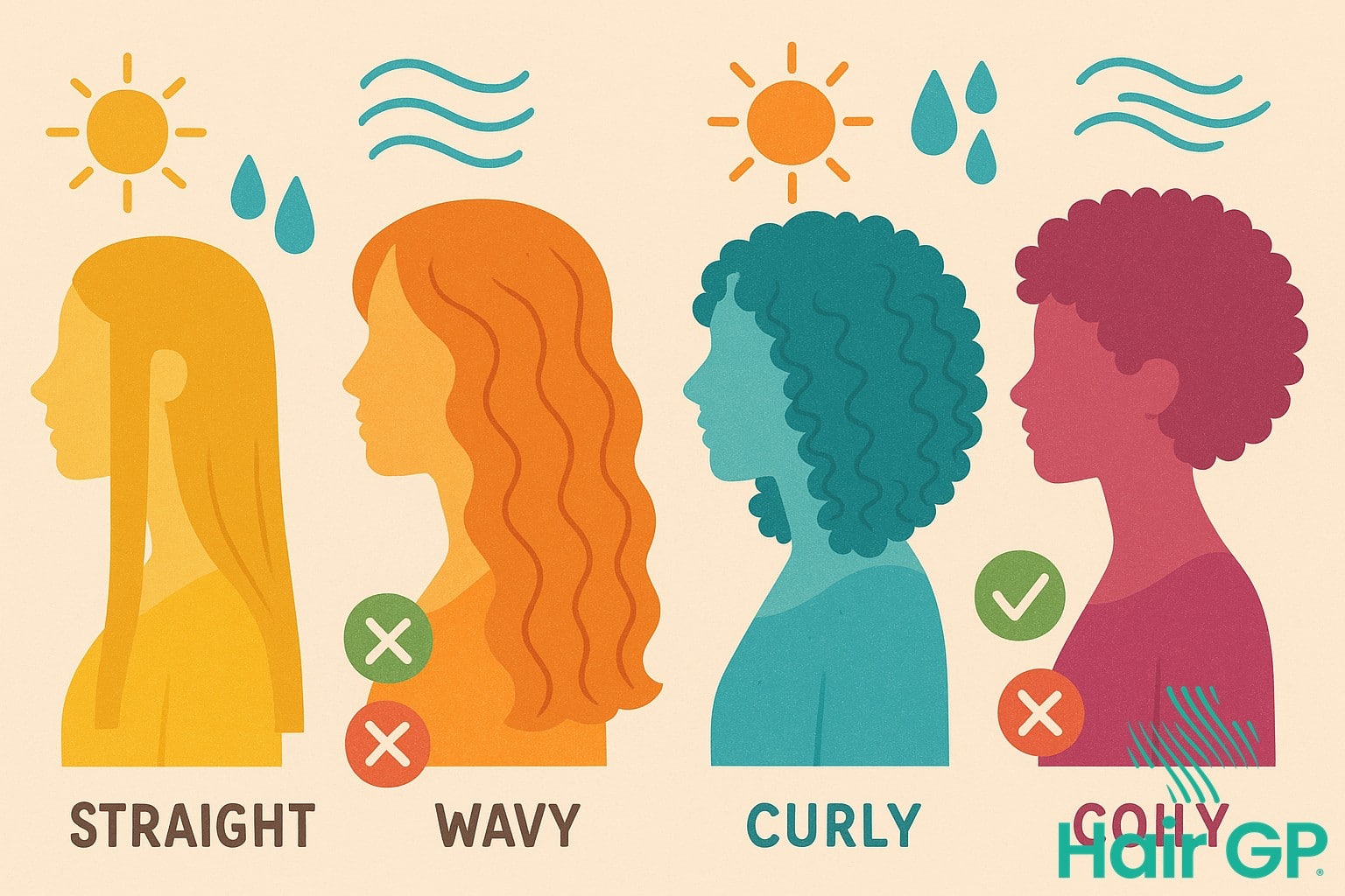 Illustration of different hair types with summer care recommendations