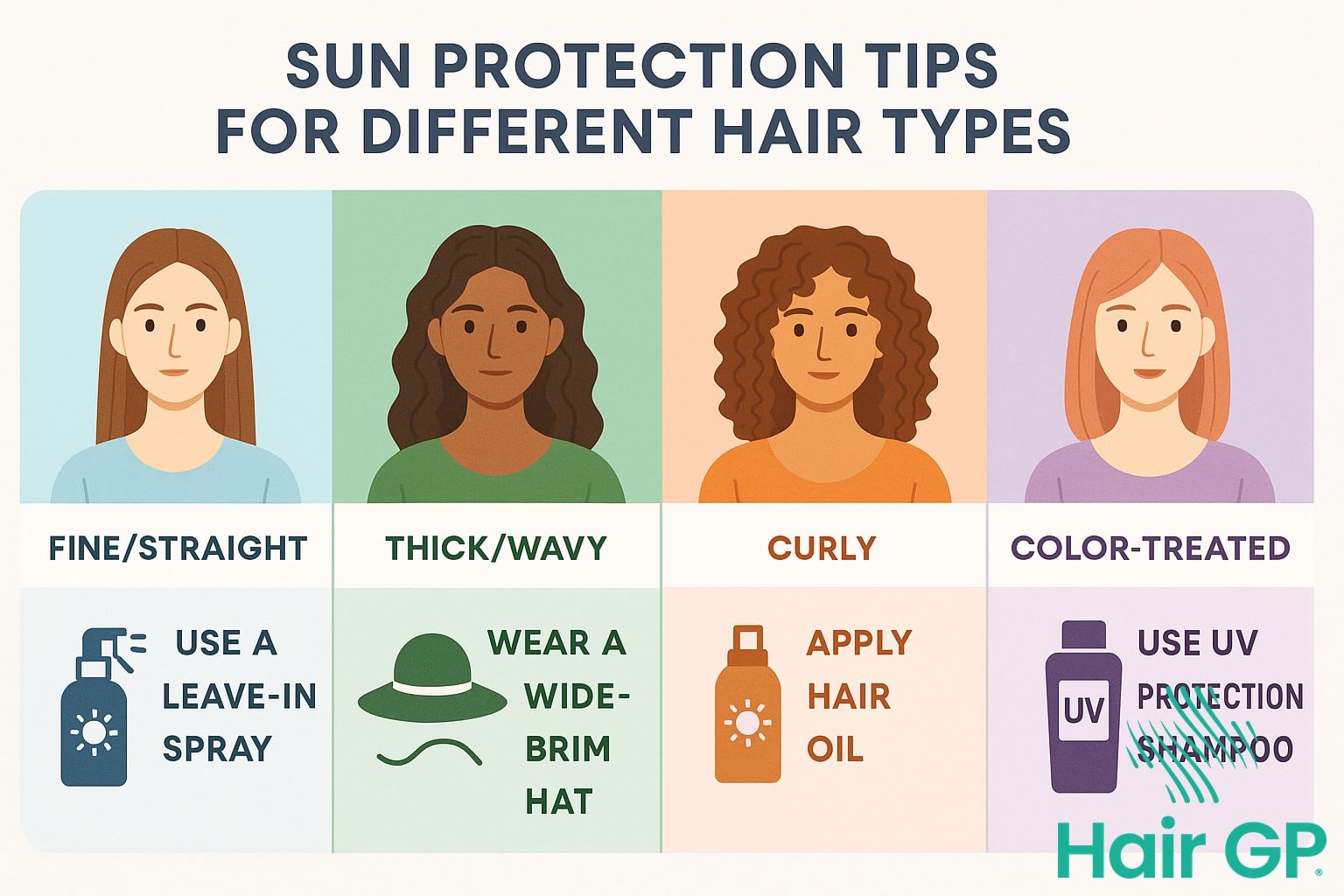 Infographic showing sun protection tips for different hair types including fine, thick, curly and color-treated hair