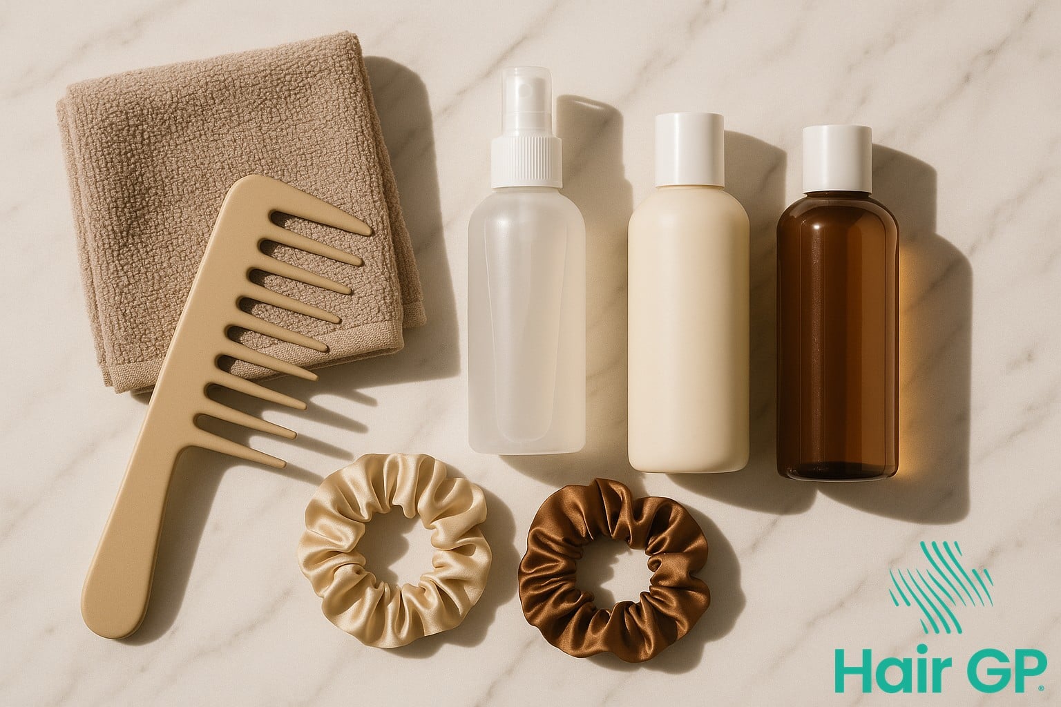 Hair care tools and products for a healthy hair routine including wide-tooth comb and silk accessories