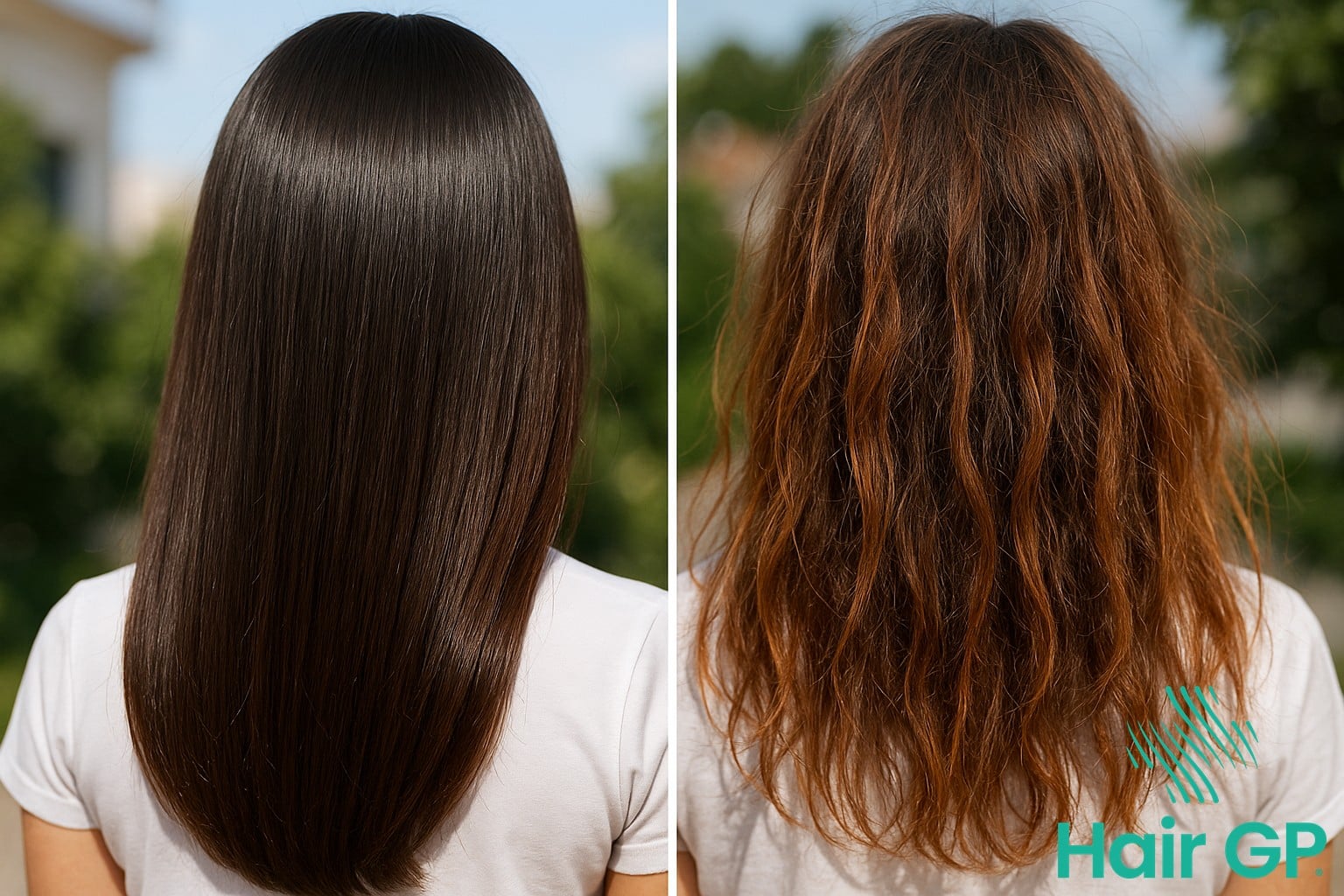 Comparison of healthy hair versus sun-damaged dry brittle hair showing texture differences