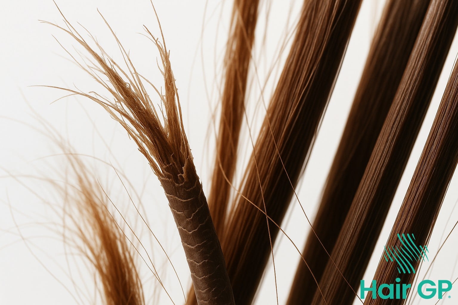 Close-up comparison of heat damaged hair with split ends versus healthy hair strands