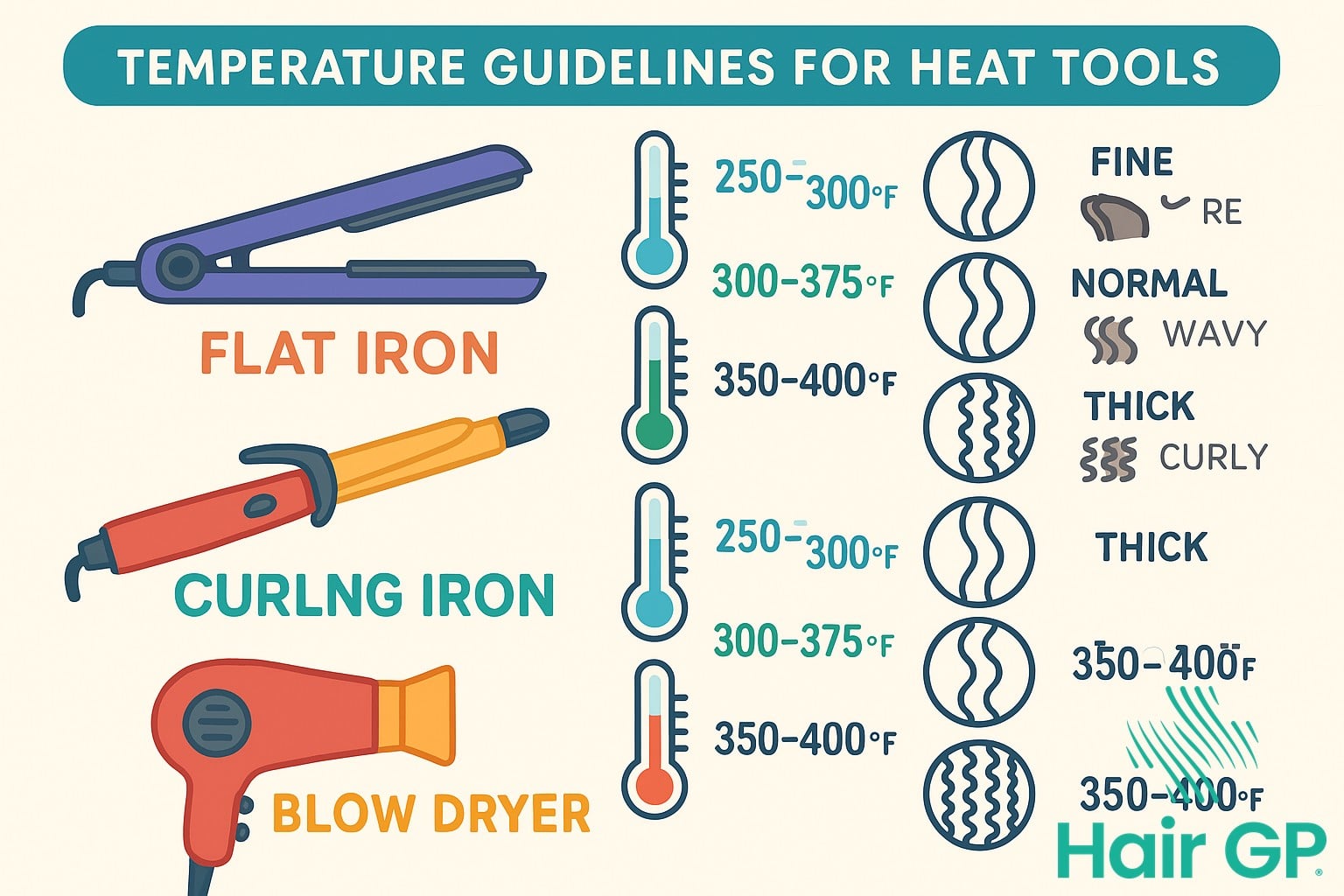 Infographic showing safe heat styling temperatures for different hair types and tools