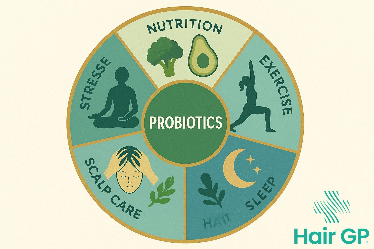 Wellness wheel showing probiotics combined with other hair health strategies