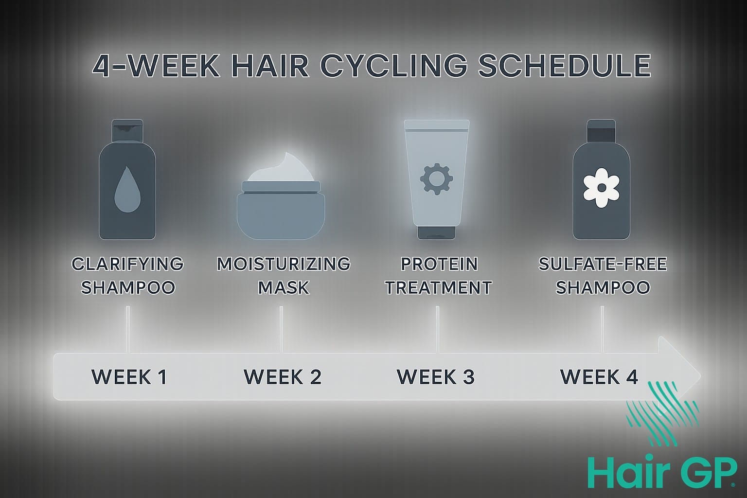 Infographic showing step-by-step hair cycling routine schedule over 4 weeks