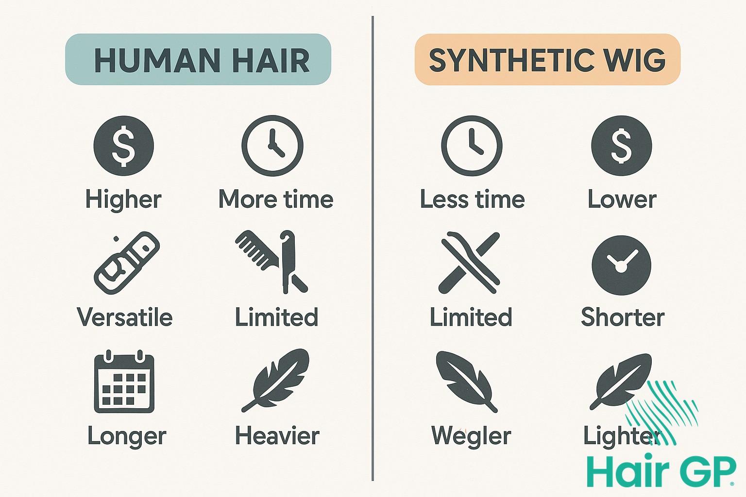 Infographic comparing human hair and synthetic wig features for cancer patients