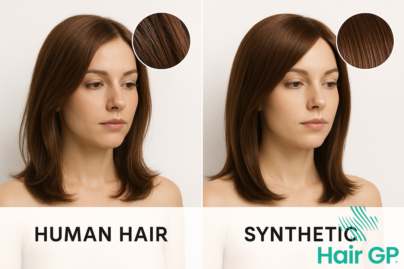 Comparison of human hair wigs and synthetic wigs showing texture and appearance differences