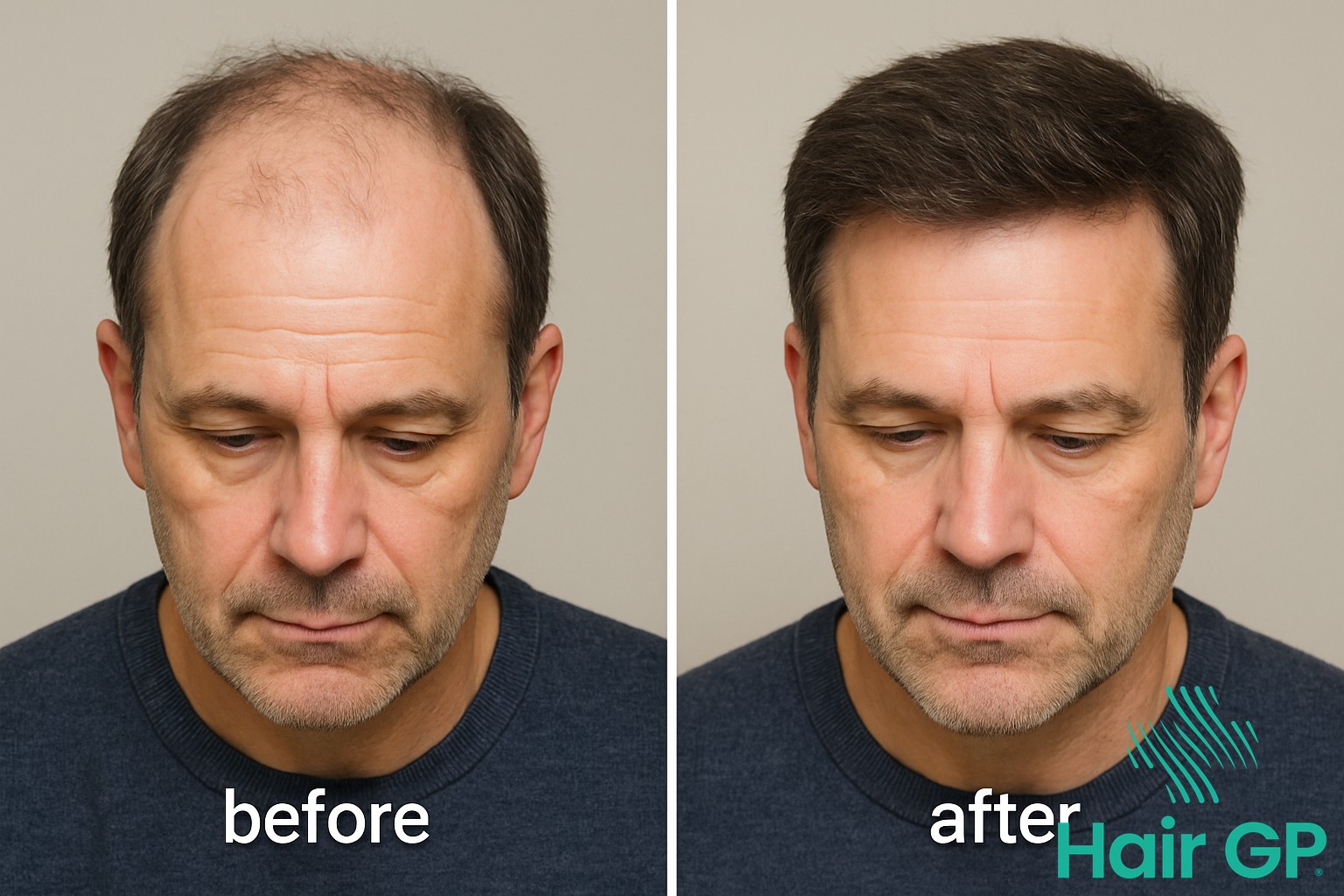 Before and after photos of successful stem cell hair treatment candidate