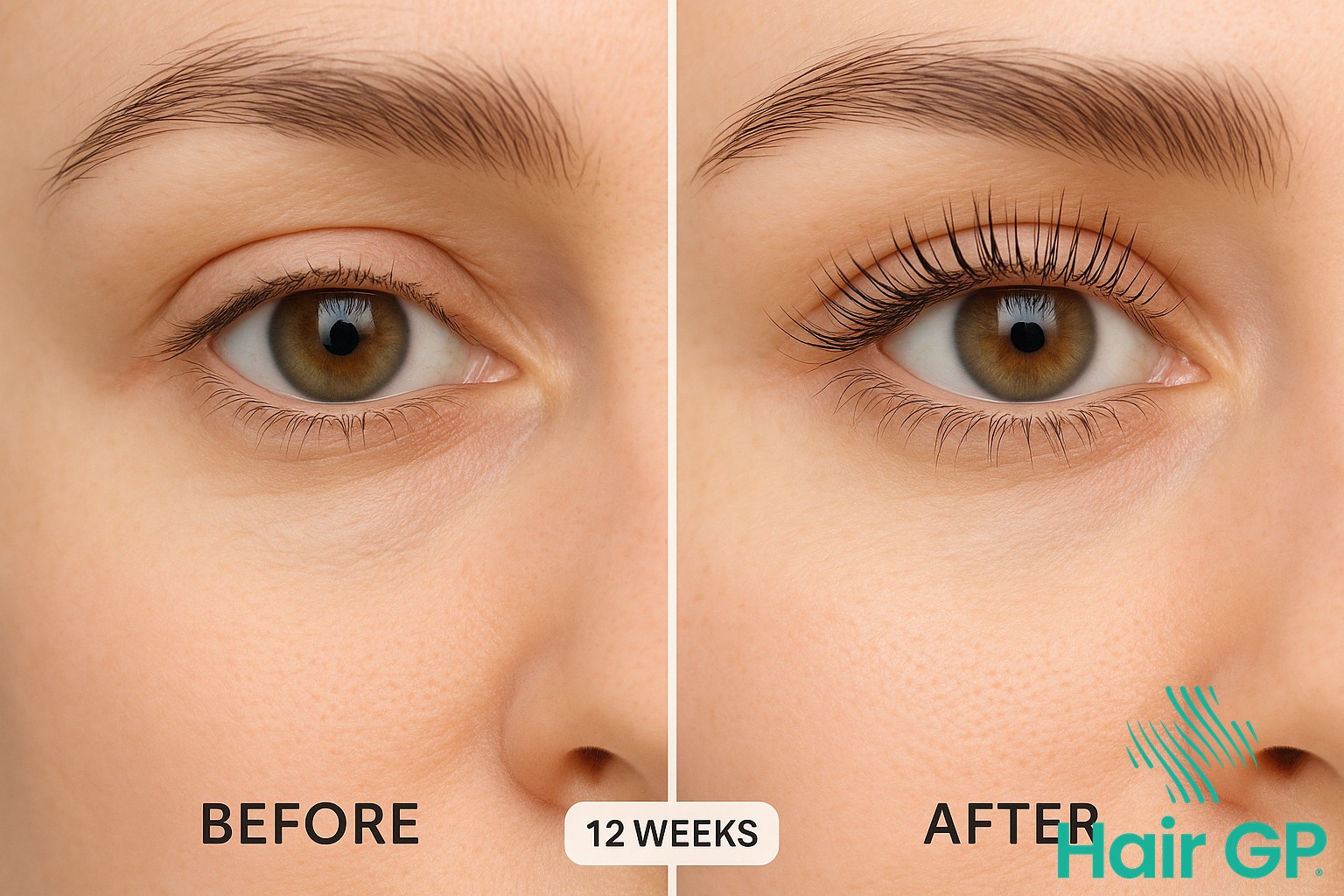 Before and after comparison of eyelashes after 12 weeks of serum use