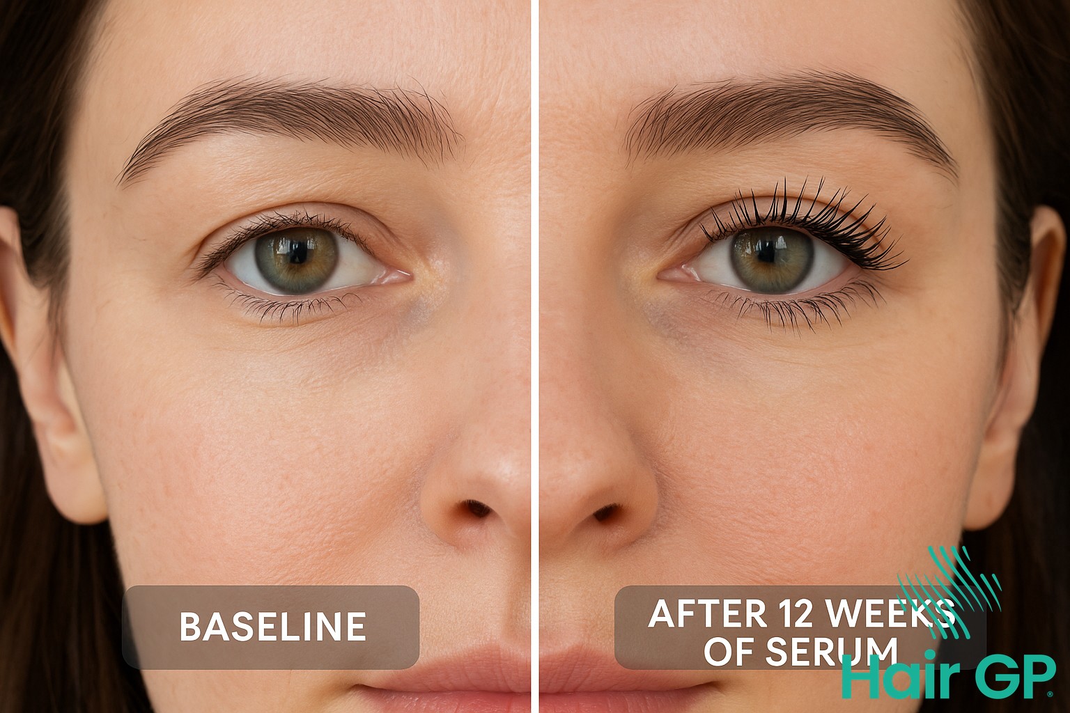 Before and after comparison of eyelashes showing lash serum effectiveness over 12 weeks