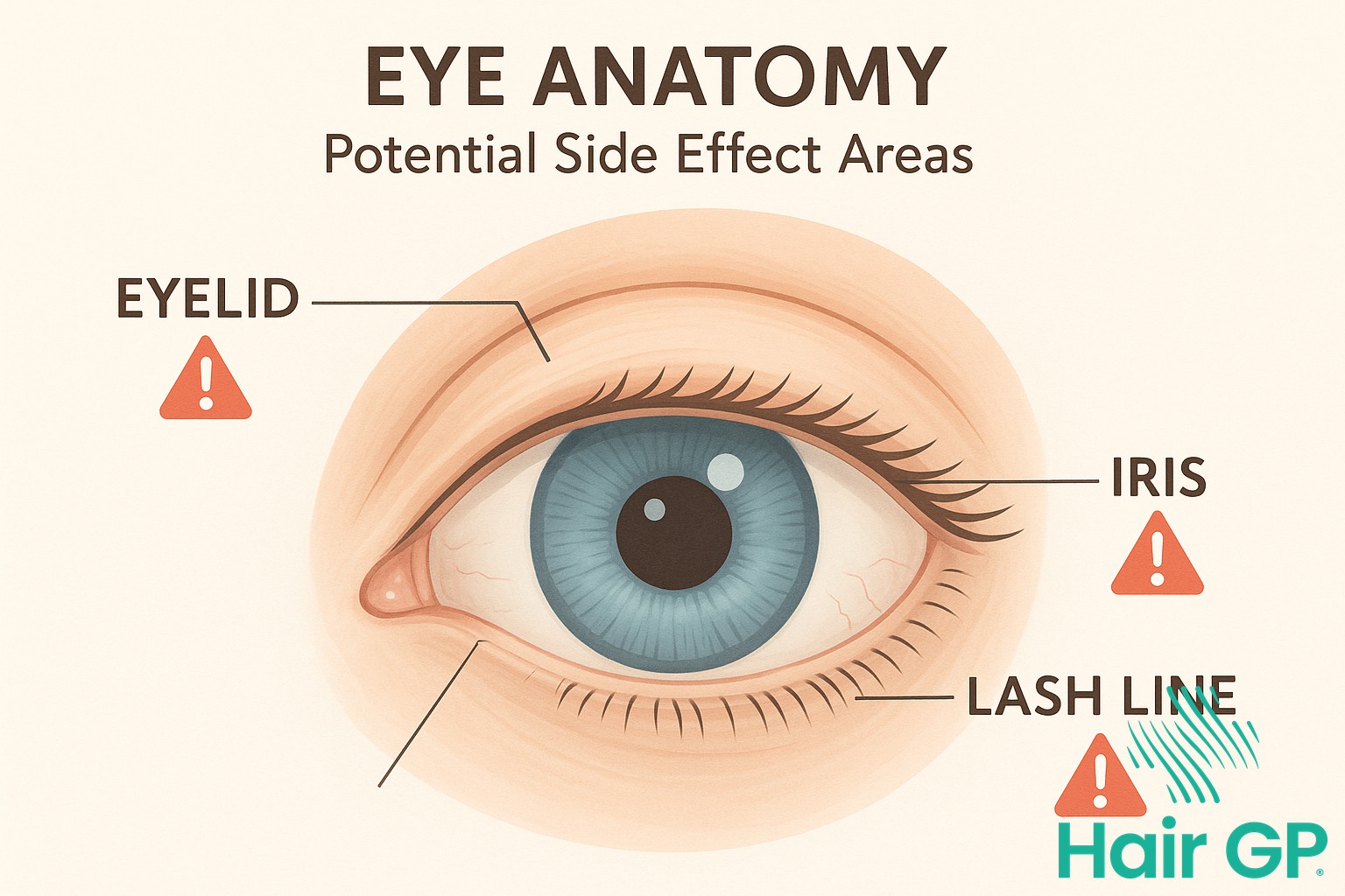 Medical illustration of eye showing potential lash serum side effect areas