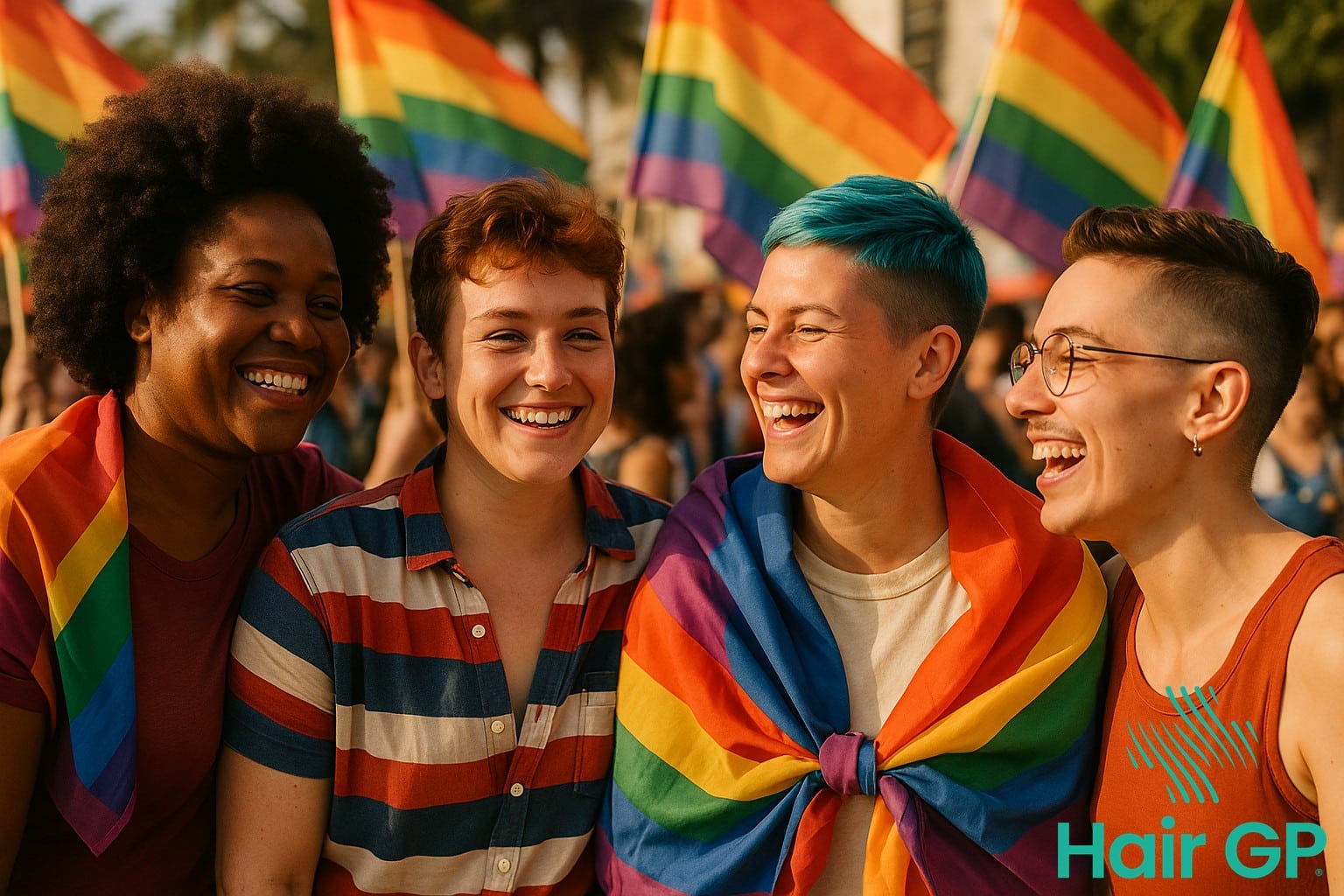 Diverse LGBTQ+ individuals celebrating Pride with various hairstyles