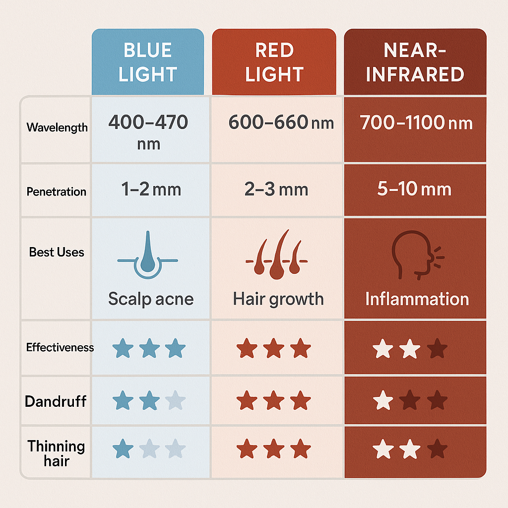 Infographic comparing blue light therapy with red light and other therapies for scalp