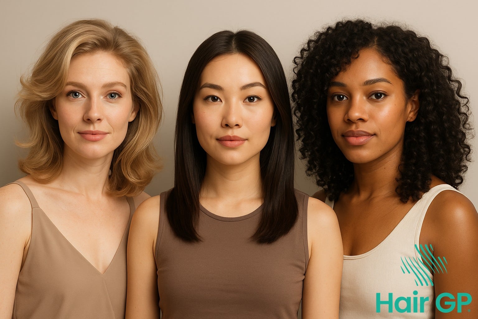 Three women displaying low, medium, and high hair density types
