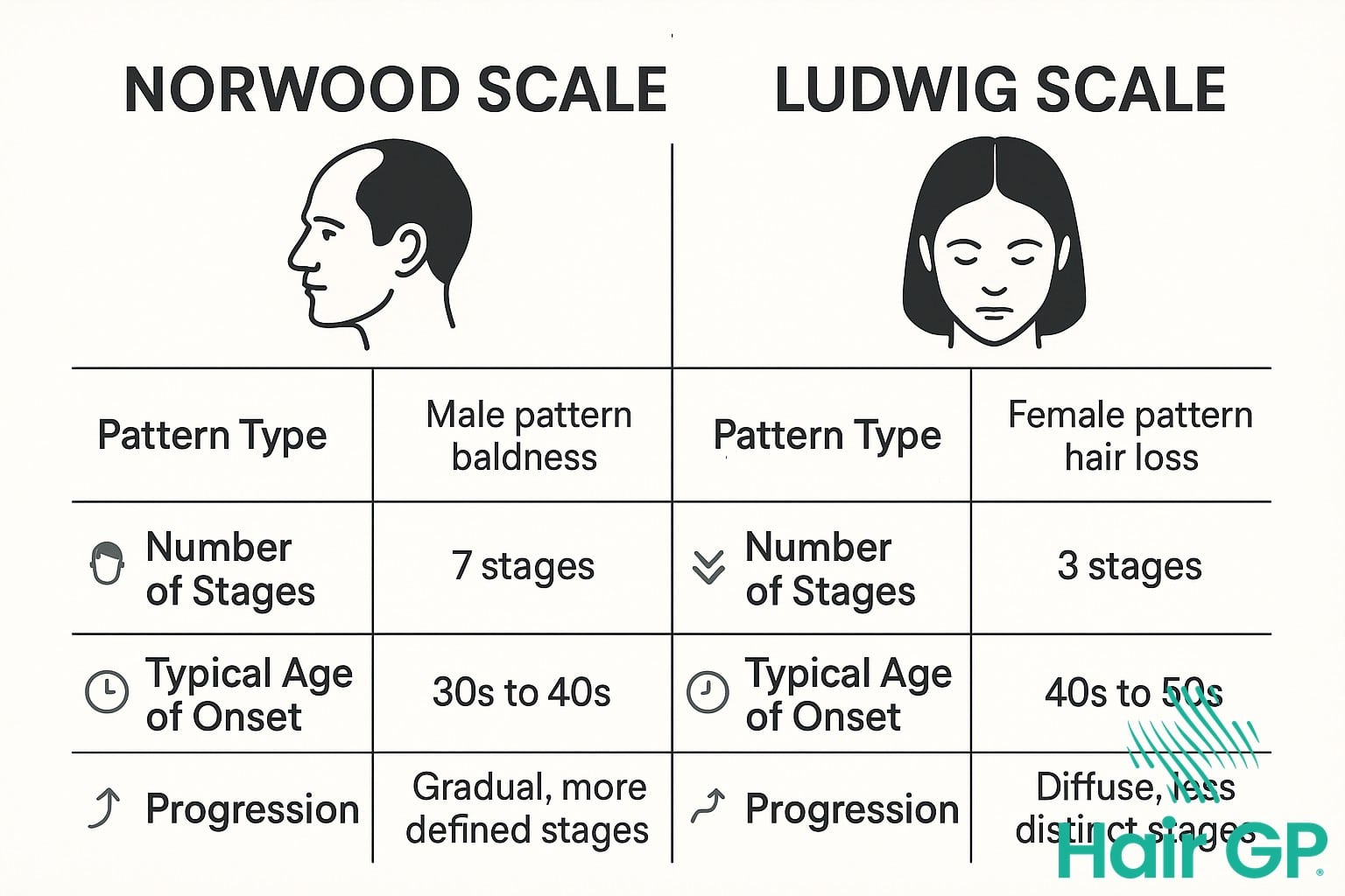 Infographic comparing Ludwig Scale and Norwood Scale hair loss classification differences