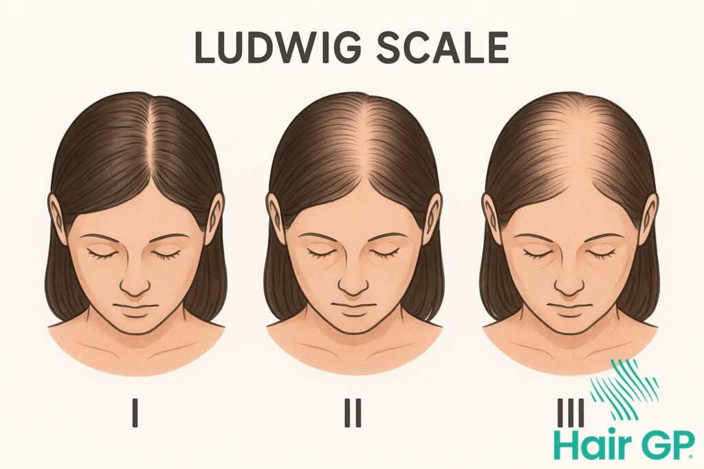 Ludwig Scale showing 3 grades of female pattern hair loss with diffuse thinning