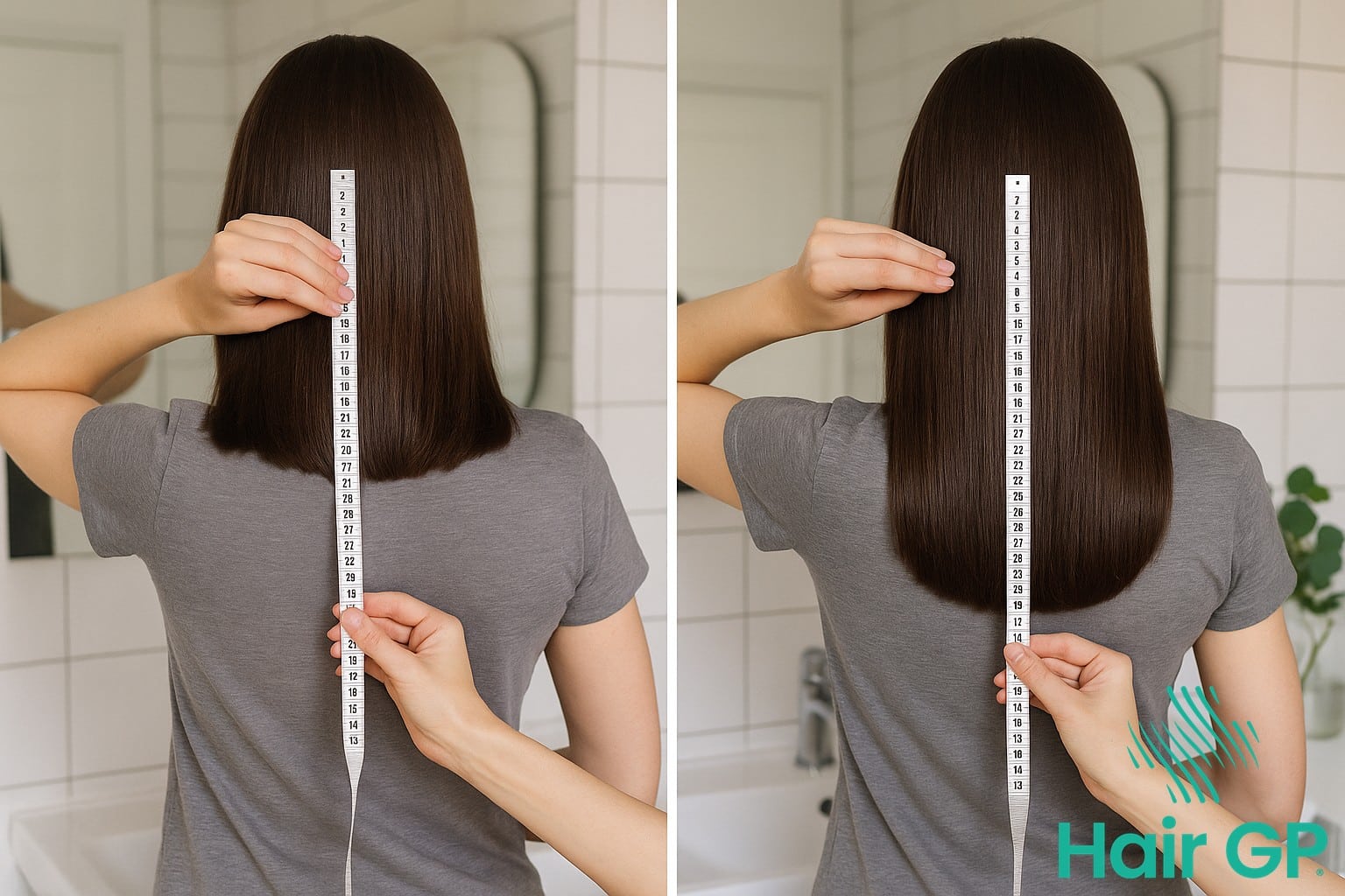 Woman measuring hair length with tape measure to track growth progress