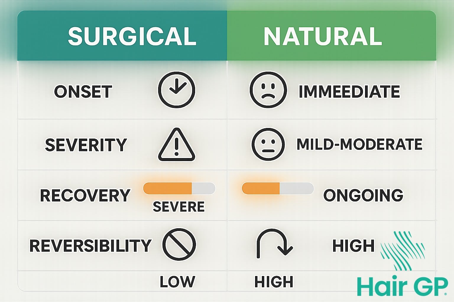 Infographic comparing hair loss characteristics between surgical and natural menopause