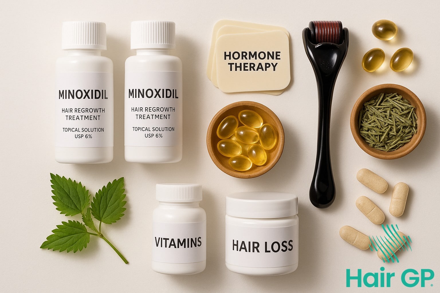 Various hair loss treatments for menopause including minoxidil and supplements