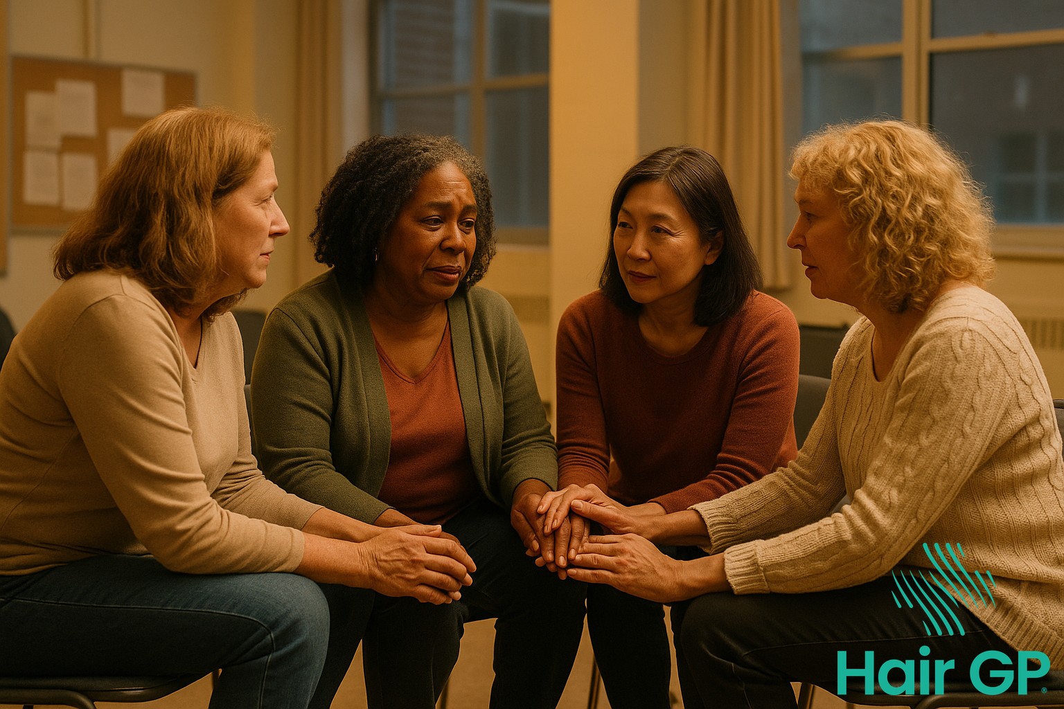 Women's menopause support group meeting for hair loss