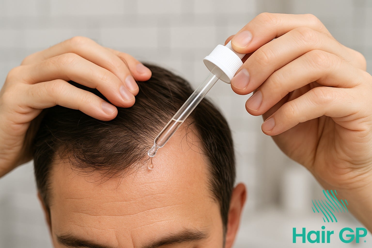 Person applying minoxidil solution to scalp for hair loss treatment