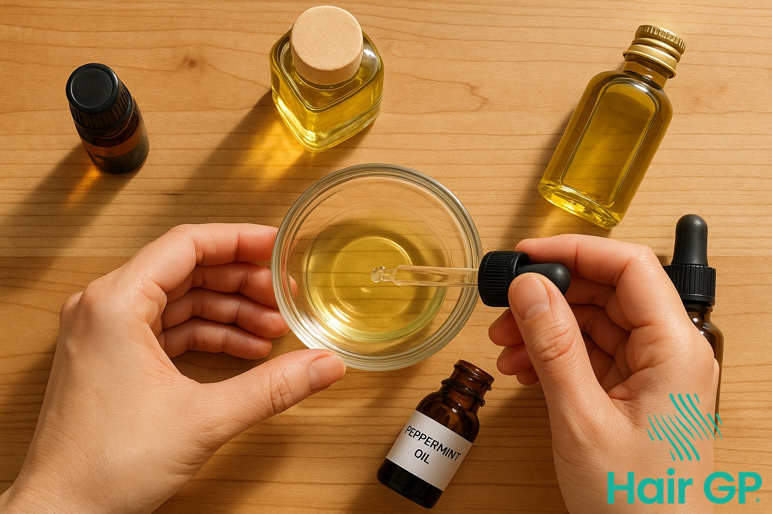 Mixing peppermint oil with carrier oil for hair treatment