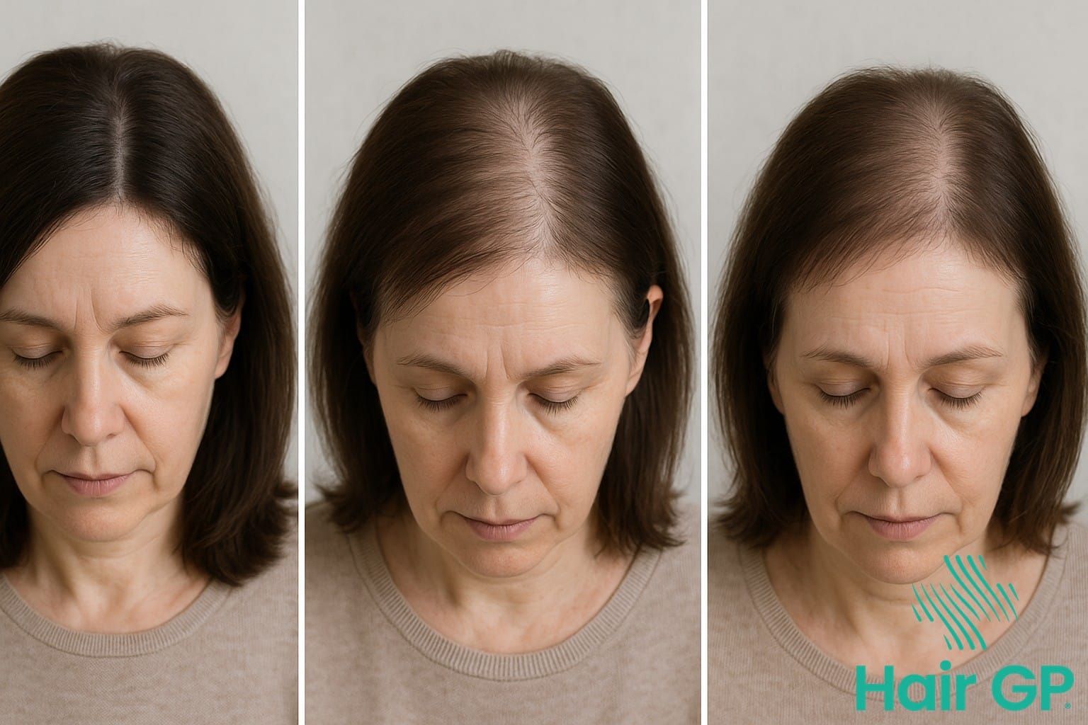 Photos showing gradual hair thinning patterns during natural menopause