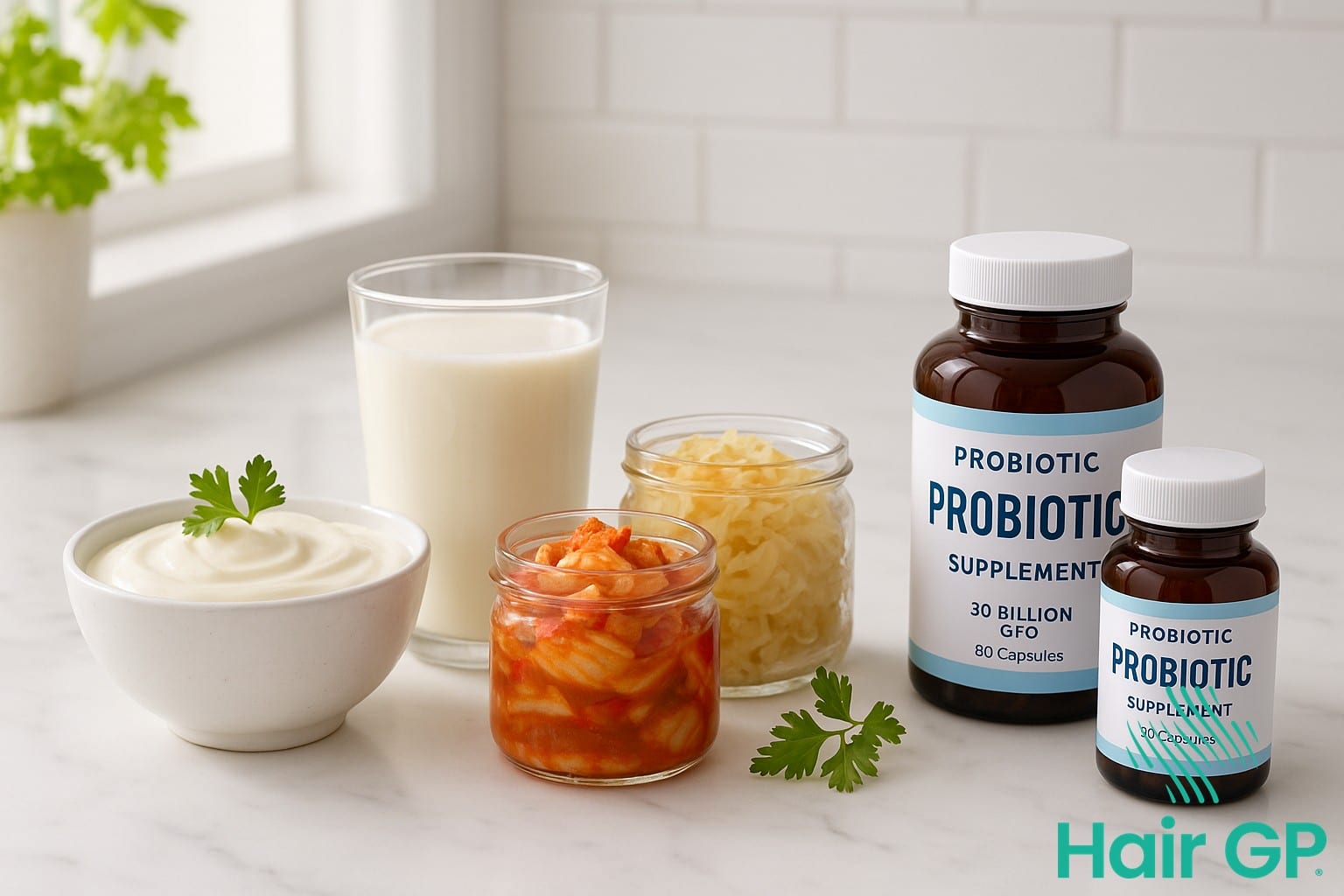 Probiotic foods and supplements displayed on kitchen counter for comparison