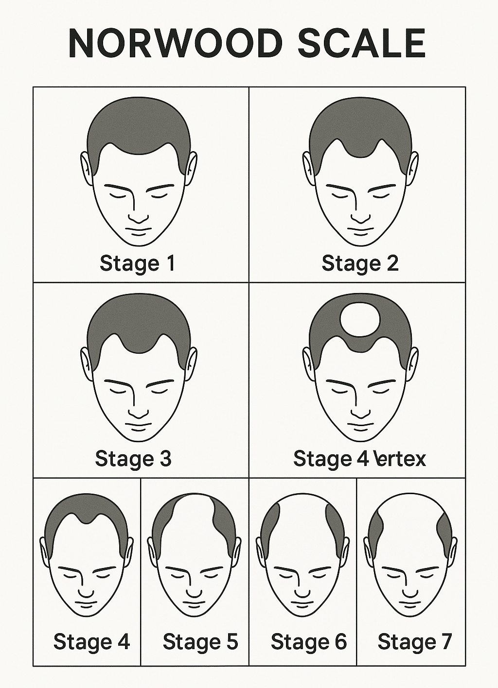 Norwood Scale diagram showing 7 stages of male pattern baldness progression