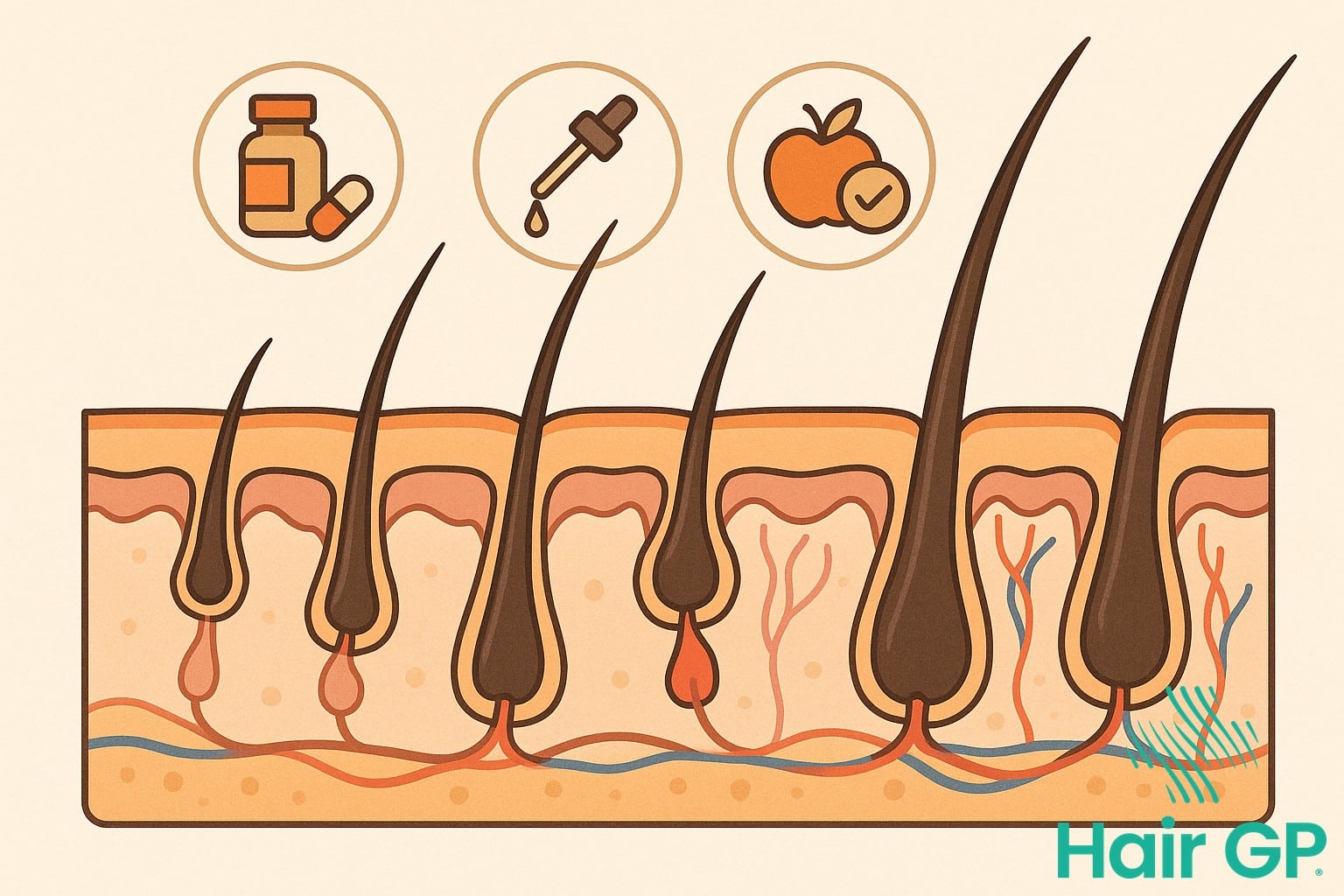 Illustration of hair follicles during peak menopause with treatment options