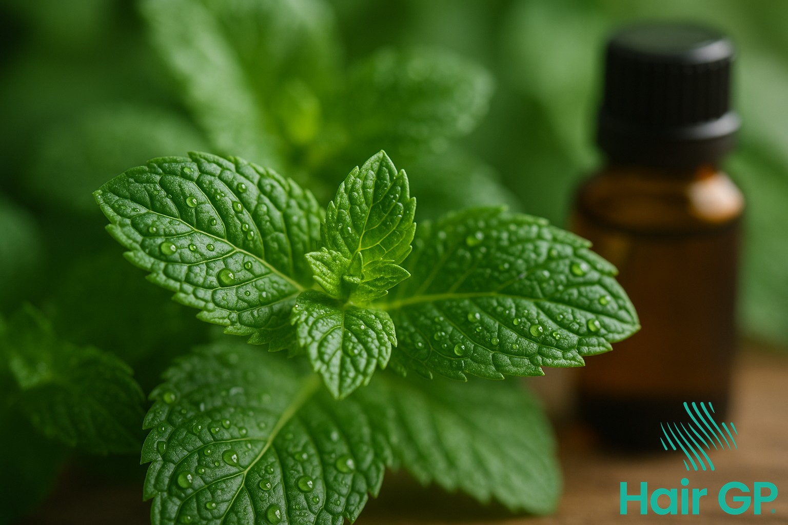 Fresh peppermint leaves and essential oil bottle for hair care