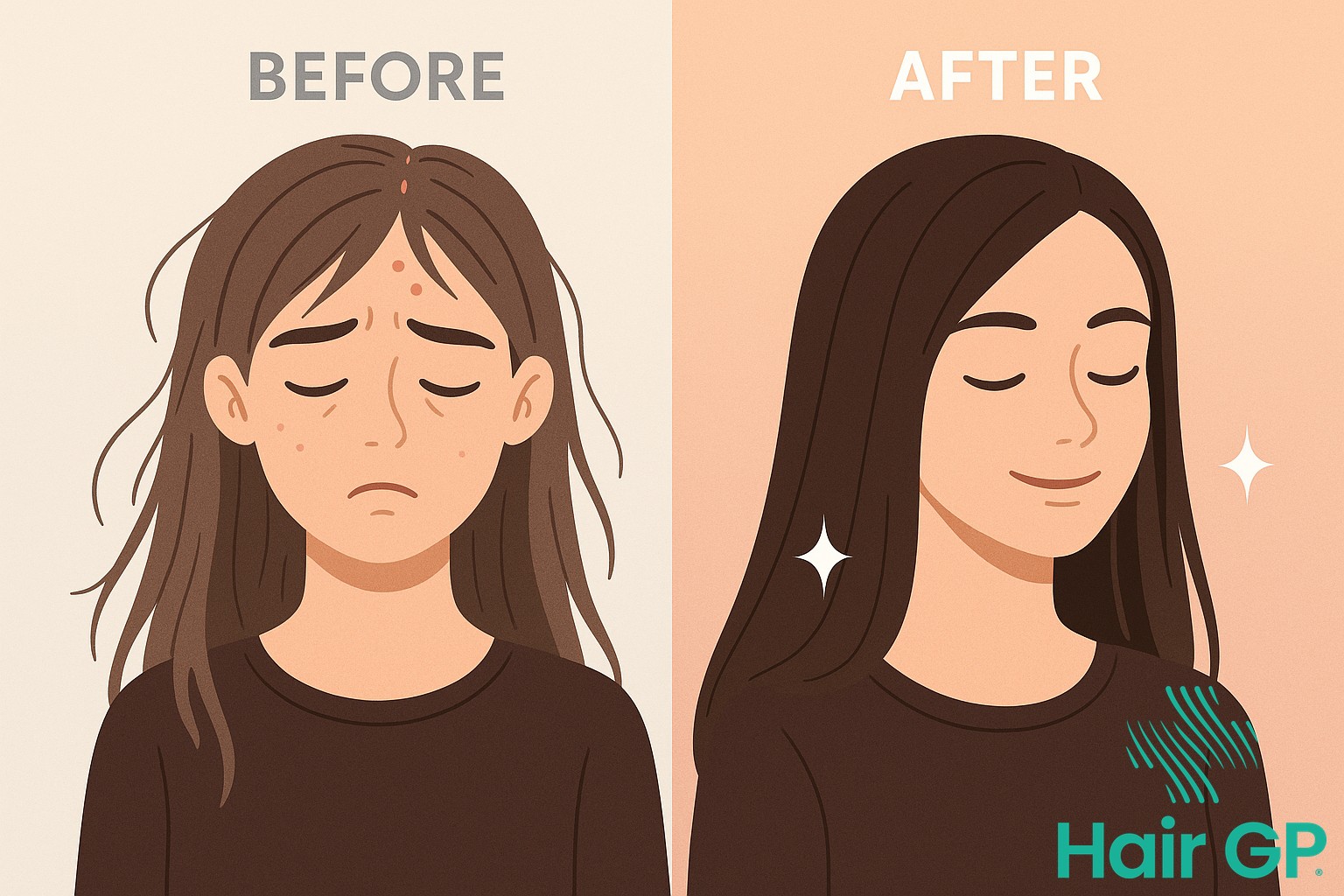 Illustration showing hair transformation with peppermint oil benefits