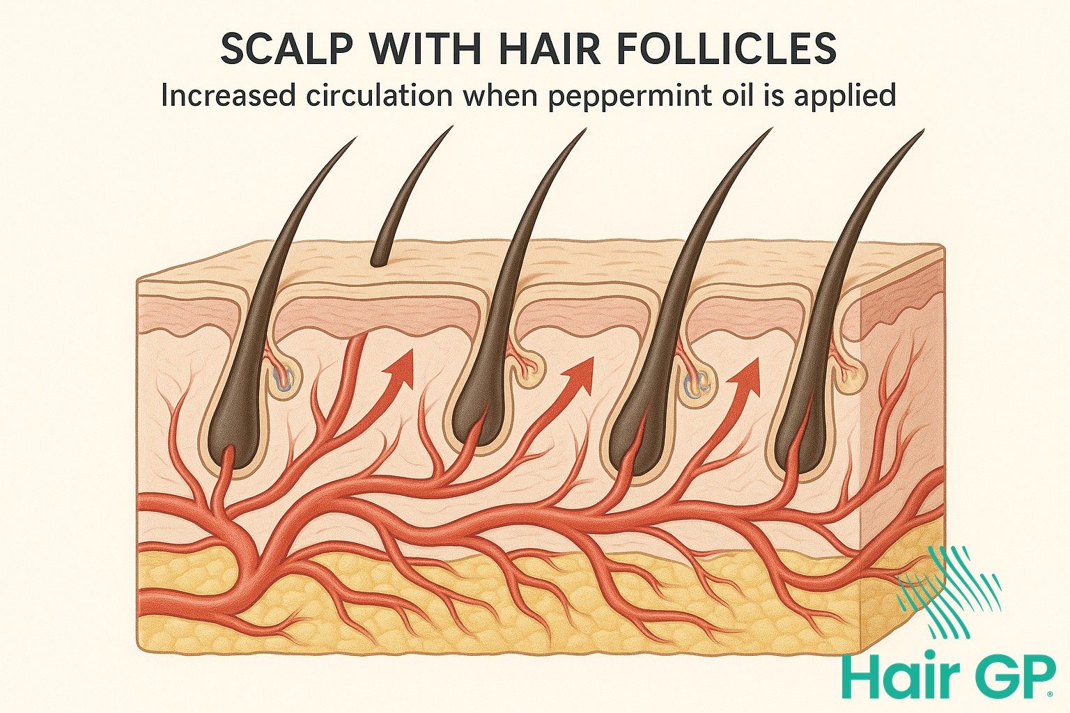 Diagram showing how peppermint oil increases blood circulation to hair follicles