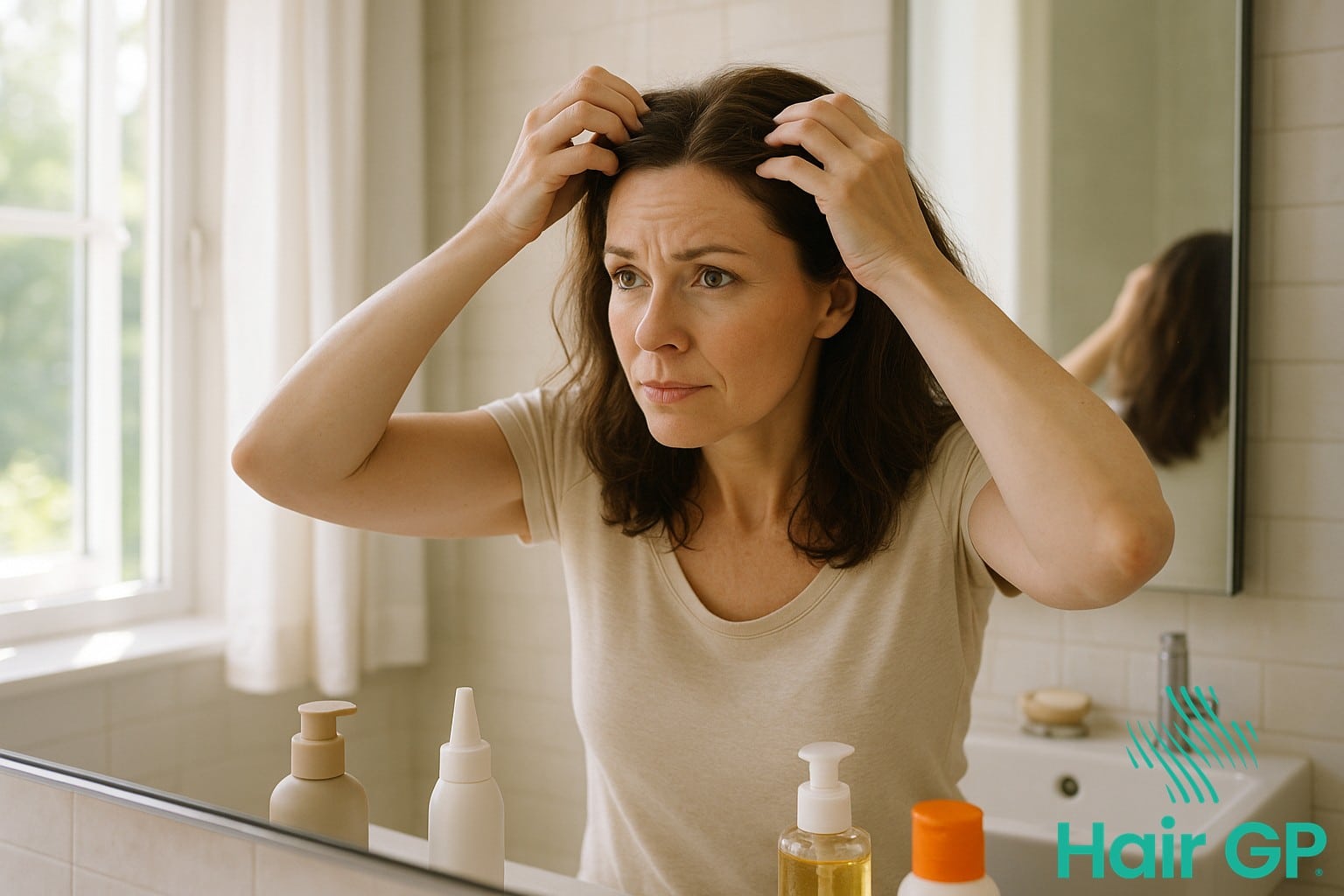 Woman in perimenopause examining her hair health in bathroom mirror
