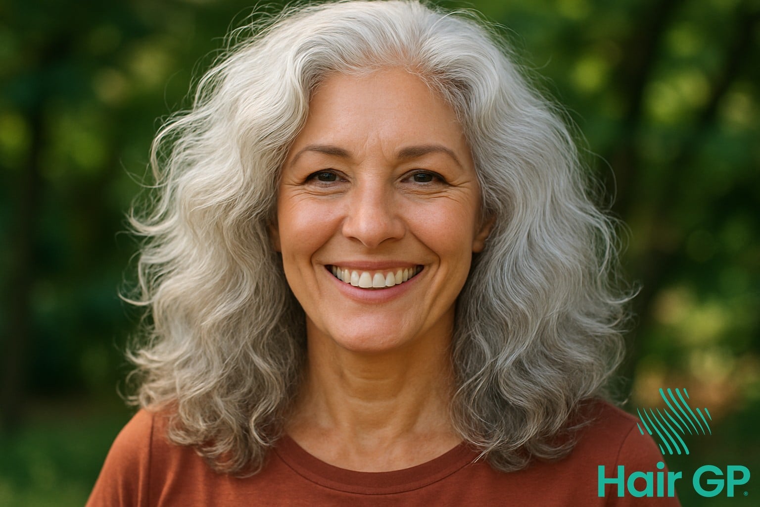 Postmenopausal woman with healthy recovered hair smiling confidently
