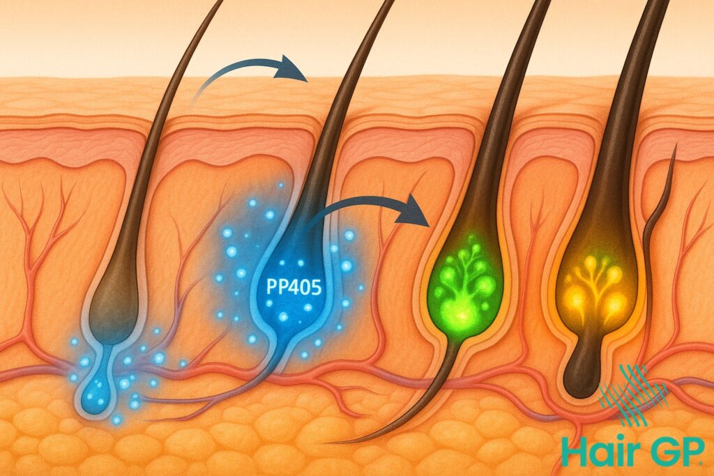 Illustration showing how PP405 activates dormant hair follicle stem cells