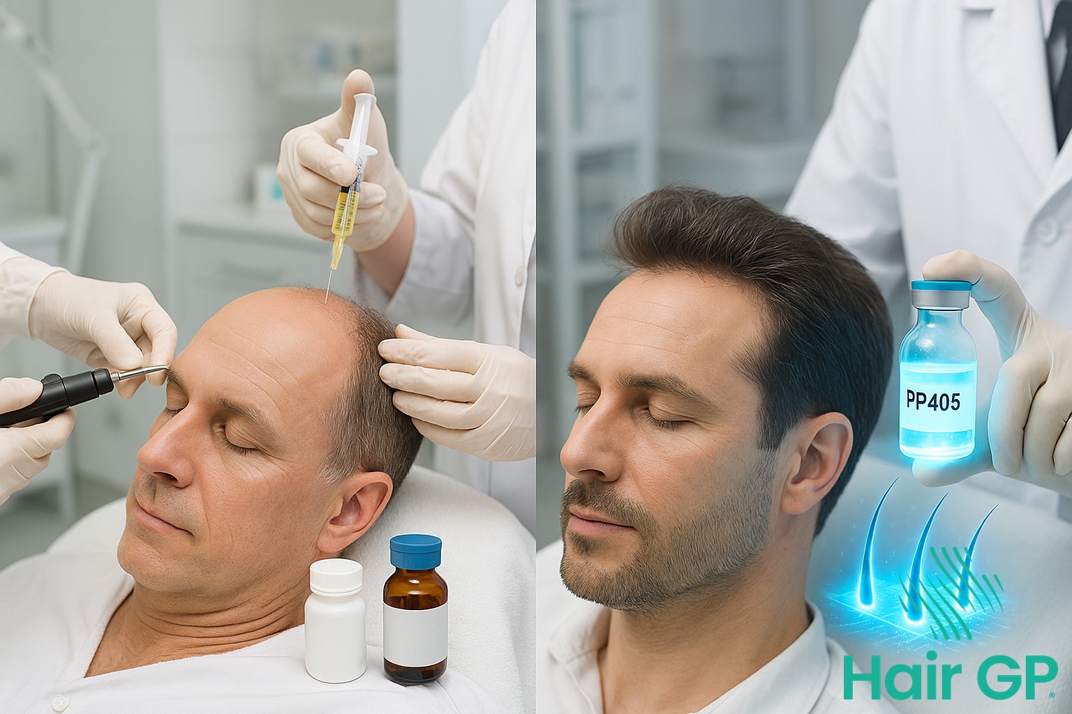Comparison of PP405 with traditional hair loss treatments including transplants and PRP