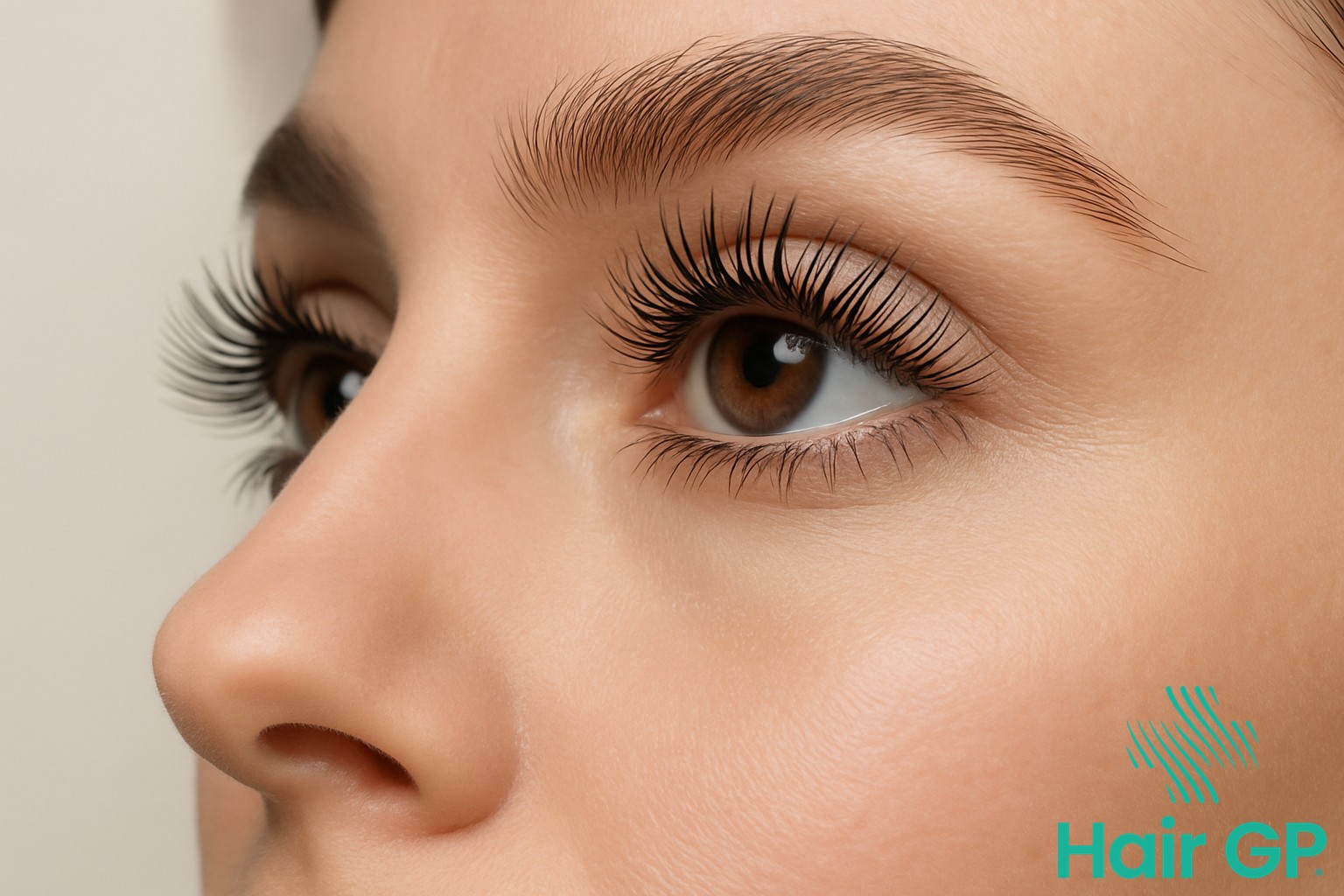 Woman's eye showing long, full lashes from prescription lash serum treatment